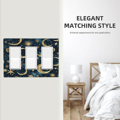 Light Switch Covers Modern Abstract Sky Blue Gold Moon Sun Star 3 Gang Rocker Electrical GFCI Decorative Triple Outlet Wall Plate Cover Switchplate for Bedroom Kids room Decor