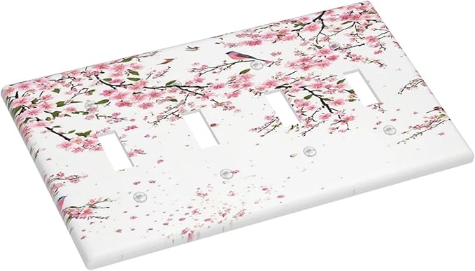 Decorative Light Switch Plate Covers Rustic Plum Blossom Pink Flowers 4 Gang Light Switch Cover Quad Toggle Wall Plate Outlet Covers for Country Home Bedroom Decor