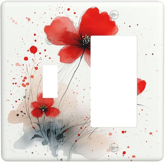 Vintage Watercolor Red Flowers Floral Outlet Covers 1 Toggle 1 Rocker Combination Light Switch Cover Plate Decorative Wall Plate Electrical Switch Plates for Bedroom Bathroom Decor