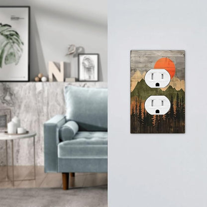 Outlet Covers Vintage Wood Grain Sun Forest Mountains 1 Gang Duplex Wall Plate Decorative Switch Plates Electrical Receptacle Faceplate Light Switch Cover for Farmhouse Cabin Decor