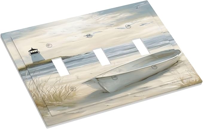 Decorative Light Switch Plate Covers Seascape Painting with Lighthouse Boats 3 Gang Artistic Wall Plate Unique Triple Toggle Light Switch Covers for Bedroom Home Decor