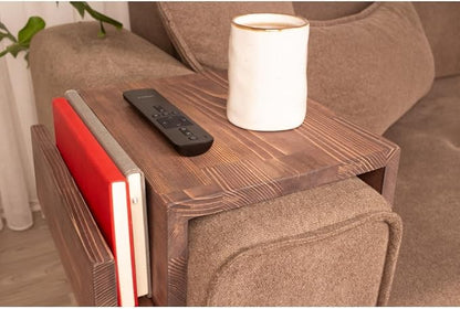 Wooden Couch Arm Tray – Sofa Armrest Table with Book & Magazine Holder, Perfect for Coffee & Remote Control, Solid Wood (London)