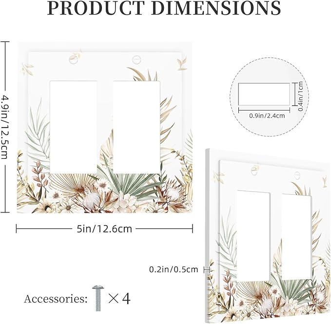 Decorative Outlet Covers Boho Leaves Watercolor Tan Leaf Floral Plant 2 Gang Double GFCI Rocker Electrical Wall Panels Light Switch Cover Plate for Bedroom Home Decor