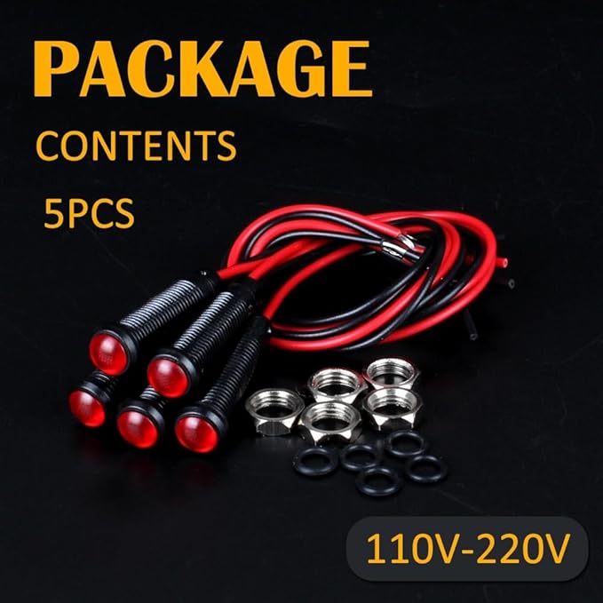 5pcs 6mm LED Indicator Light Plastic Black Signal Dot Lamp 110-220V AC 1/4" Mounting Hole Size with 15cm/5.9in. Wire (Red LED)