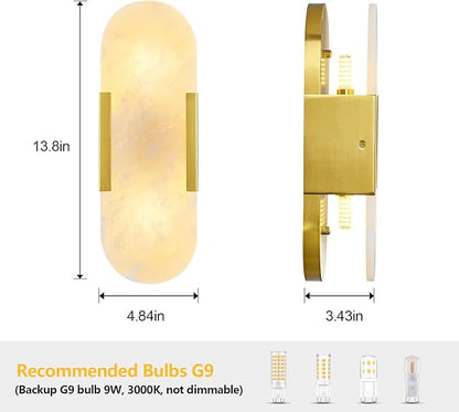 Brass Alabaster Wall Sconce, Modern Natural Marble Wall Sconces for Indoor Lighting, 13.8 in Gold Wall Lights for Bathroom Dining Room Stairs Bedroom (1-Pack)