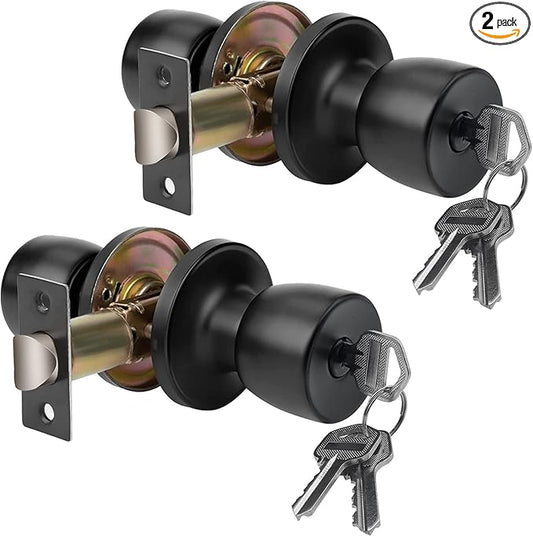 JO.KO 2 Pack Door Knob with Lock and Key, Round Ball Lock Interior/Exterior Door Knob for Bedroom Or Bathroom/Entry Door Handle (Matte Black 2Pack)