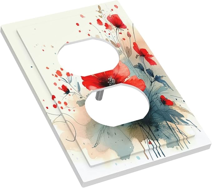 Vintage Floral Red Watercolor Modern Outlet Covers 1 Gang Duplex Light Switch Cover Wall Plate Decorative Switch Plates Electrical Receptacle Faceplate for Bedroom Bathroom Decor