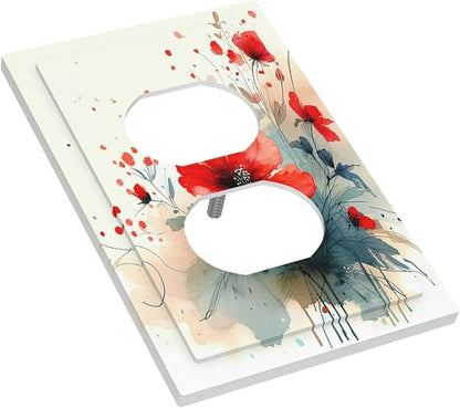 Vintage Floral Red Watercolor Modern Outlet Covers 1 Gang Duplex Light Switch Cover Wall Plate Decorative Switch Plates Electrical Receptacle Faceplate for Bedroom Bathroom Decor