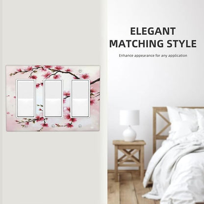 Branch with Pink Flowers 3 Gang Rocker Triple Outlet Wall Plate Decorative Switchplate Cover Faceplate GFCI Light Switch Covers for Farmhouse Living Decor