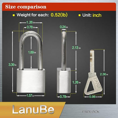 Lanube 304 Stainless Steel keyed Alike Marine Small Padlocks for Outdoor use, 1-9/16 inch Wide Body, Stainless Steel Body Long Shackle, Pack of 2