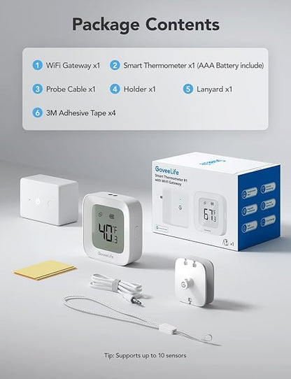 GoveeLife WiFi Refrigerator Thermometer with Alarm, Wireless Digital Freezer Temperature Gauge with App Control, LCD Display, 2 Years Free Data Export, for Fridge Hot Tub (Only Support 2.4G WiFi)