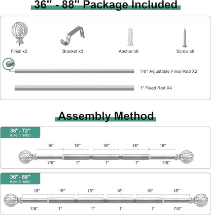 Silver Curtain Rods for Windows 48 to 84 inch,1" Adjustable Heavy Duty Window Curtain Rod with Leaf Finials,Rustic Decorative Drapery Rods Set,Size:36-88''