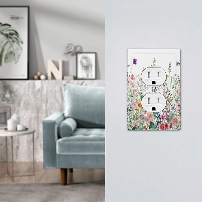 Outlet Covers Boho Colorful Flowers Plant Rustic Wildflower 1 Gang Duplex Light Switch Cover Decorative Switch Plates Electrical Receptacle Faceplate Wall Plate for Bed Room Bathroom