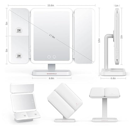 EASEHOLD Makeup Mirror with Lights, Rechargable Lighted Vanity Mirror with 116 LEDs, 1X/2X/3X Magnifying, 3-Color Mirror with LED Lights,5000 mAh Lighted Makeup Mirror, Adjustable Brightness/Angle