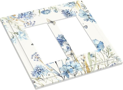 Decorative Outlet Covers Blue Floral Hydrangea Plants 2 Gang Double GFCI Rocker Electrical Wall Panels Light Switch Cover Plate for Bedroom Home Decor