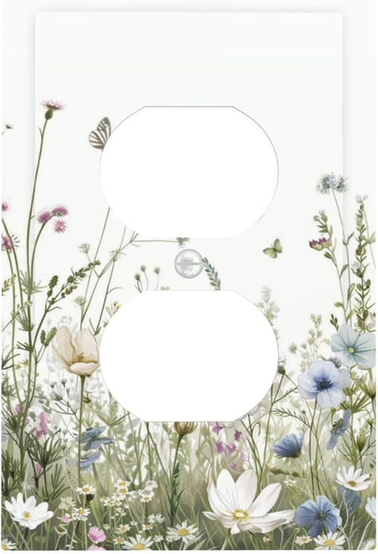Colorful Wildflowers Daisy Plant Butterfly Floral Outlet Covers 1 Gang Duplex Light Switch Cover Decorative Switch Plates Electrical Receptacle Faceplate Wall Plate for Bed Room Living Room Decor