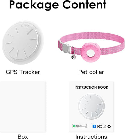 Cat Tracker, Waterproof Pet Tracker for Cats, Cat Tracker Collar with Safety Elastic Buckle,GPS Tracker Compatible with Apple Find My App (Only iOS), No Monthly Fee, Pink