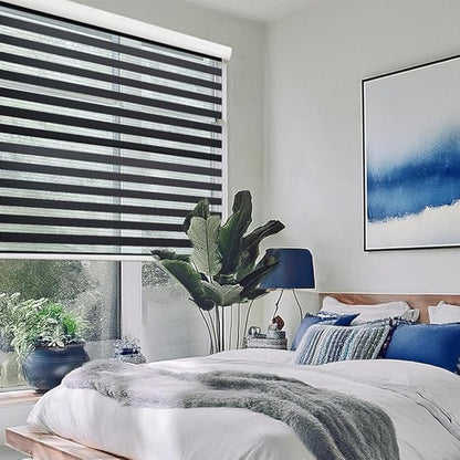 SHADESU Cordless Zebra Blinds – Light Filtering Dual-Layer Window Shades for Privacy (Black Color) (Maximum Height 72") (Width 35")