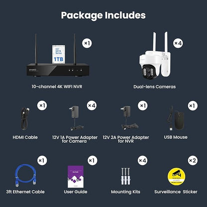 XMARTO 10X Zoom WiFi6 Security Camera System Wireless Outdoor/Indoor, 10CH 4K NVR with 4X 2K HD Dual Lens Cameras with Auto Tracking, 1TB HDD (Plug-in 24/7 Surveillance, Long Range WiFi)