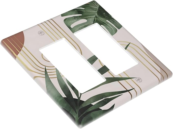 Decorative Outlet Covers Boho Mid Century Arch Green Leaves 2 Gang Light Switch Cover Plate Double Rocker Wall Plate Switch Plate Covers Faceplate for Bedroom Home Decor（ 2 Pack）