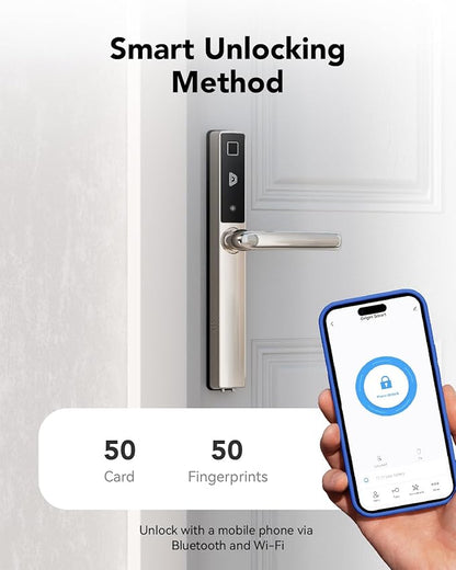 Electronic Smart Door Lock Fingerprint Door Lock with Keypad，Smart Lock for Front Door Children Proof IC Card, App Control & Mechanical Key 40–90mm Multipoint Locks(OS Frosted Silver)