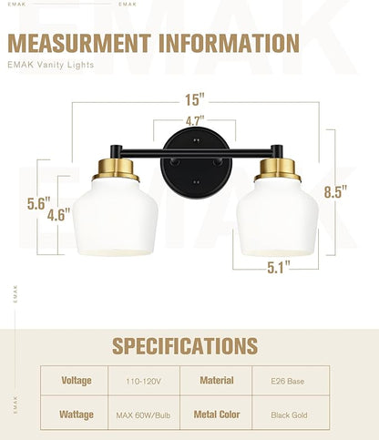 Emak Black and Gold Bathroom Light Fixtures Over Mirror, 2-Light Bathroom Vanity Light with Milk Glass Shade, Modern Farmhouse Vanity Lights for Bath,Mirror, VL122-BKBGD-ML-2