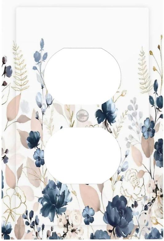 Blue Flora Boho Vintage Flower Golden Leaves Outlet Covers 1 Gang Duplex Light Switch Cover Decorative Switch Plates Electrical Receptacle Faceplate Wall Plate for Bedroom Living Room Decor