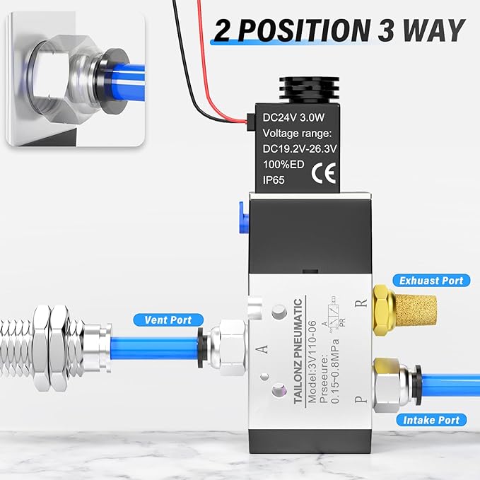 TAILONZ PNEUMATIC 1/8"NPT Solenoid Valve 3V110-06 DC24V Single Coil Pilot-Operated Electric 2 Position 3 Way Connection Type