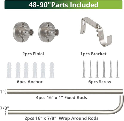 Nickel Wrap Around Curtain Rods 48 to 90 In:Blackout Heavy duty Adjustable Window Curtain Rod for Bedroom,Industrial Darkening Curved French Metal Single Drapery Rods Easy Install,Satin Nickel