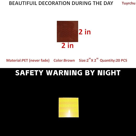 Non Fading Brown Reflective Stickers 2 inch X 2 inch, Outdoor Waterproof High Visibility Warning Safety Adhesive Reflector Tape (20 Pcs)