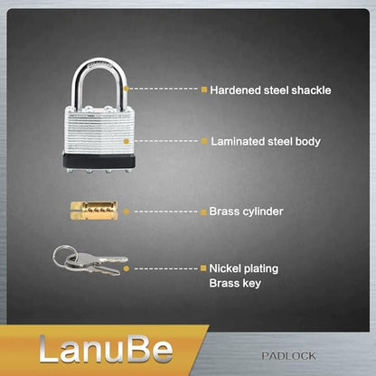LanuBe Lock Laminated keyed Padlock (1-9/16", 40mm), keyed Alike Locks, Normal Shackle,Marked Black Plastic Hoop, Pack of 100