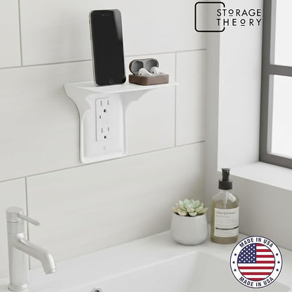BeraTek Power Perch Wall Outlet Shelf with Cord Storage Strap - Declutter & Reclaim Counter Space - Top Uses: Charging Shelf, Echo Dot Stand, Apple HomePod Mini Wall Mount - White, 1-Pack