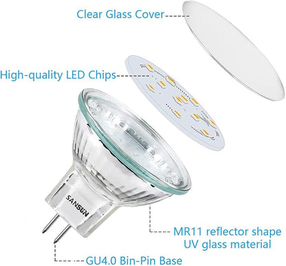 3W MR11 LED Landscape Light Bulbs, Low Voltage 12V 20W Halogen Replacement for Outdoor Landscape Spotlight and Track Light, GU4 Bi-Pin Base, Daylight White 4000K, Non-Dimmable, (Pack of 4)