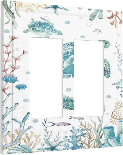Sea Turtle Ocean Starfish Fish Coral Pearl Decorative Outlet Covers 2 Gang Double GFCI Rocker Electrical Wall Panels Light Switch Cover Plate for Bathroom Kids Room Decor