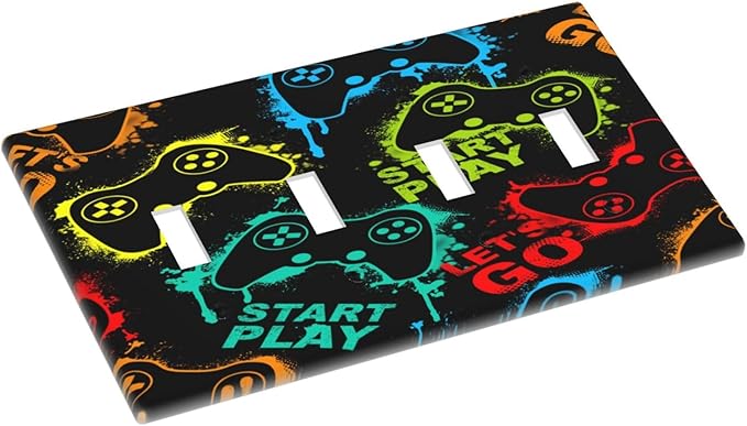 Decorative Light Switch Plate Covers Gamepad Theme Graffiti 4 Gang Light Switch Cover Quad Toggle Wall Plate Outlet Covers for Game Room Bedroom Home Decor
