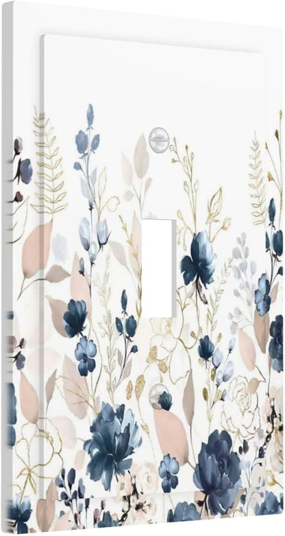 Blue Flora Boho Vintage Flower Golden Leaves Decorative Light Switch Cover 1 Gang Single Toggle Device Electrical Faceplate Switchplates Decorator Outlet Wall Plate for Bedroom Living Room Decor