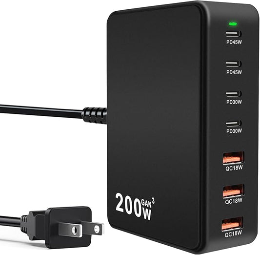 USB C Charger Block 200W 7 Port Fast Charging Block, PD Laptop Charger Station, Multiport Brick Hub Compatible with MacBook Pro/Air, iPad, iPhone 17/16/15/14, Galaxy S23/22, DELL, Steam Deck(Black)