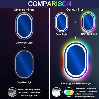 THEKLA 16 x 24 Inch Oval LED Vanity Mirror with Lights Smart Dimmable 3 Color+ Rainbow RGB Color Changing Backlit 24" Oval Lighted Mirror for Bathroom Wall Horizontal/Vertical Mount Anti-Fog
