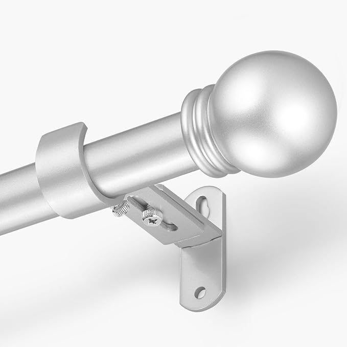 Curtain Rods for Windows 16 to 120 Inches, Curtain Rod Max Adjustable Length of 132 IN, 1" Diameter Drapery Rods Round Finials, Satin Silver, Pack of 1