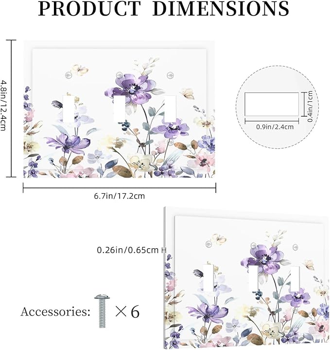 Decorative Switch Plates Purple Floral Lilac Watercolor Flower Leaves Butterfly Wildflower 3 Gang Wall Plate Faceplate Triple Toggle Light Switch Cover Electrical Wall Panels for Bedroom Home Decor