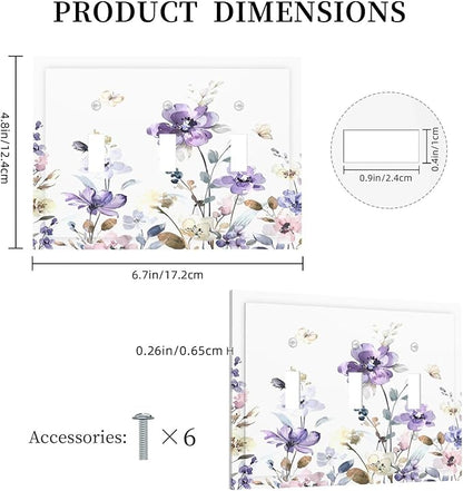 Decorative Switch Plates Purple Floral Lilac Watercolor Flower Leaves Butterfly Wildflower 3 Gang Wall Plate Faceplate Triple Toggle Light Switch Cover Electrical Wall Panels for Bedroom Home Decor