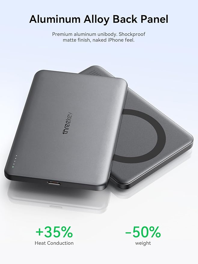 THREEKEY 0.3'' Ultra Slim for MagSafe Portable Charger, 5000mAh Card Slim Magnetic Power Bank,15W Wireless Fast Charging Battery Pack for iPhone 17 Air 16 15 14 13 12 Pro Max Plus (Ice Grey)