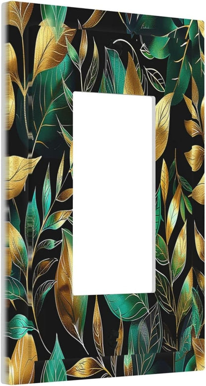 Decorative Outlet Covers Vintage Dark Green Vine Leaf Golden Plants 1 Gang Single Rocker Light Switch Cover Plate Wall Plates GFCI Faceplate for Bed Room Cabin Decor
