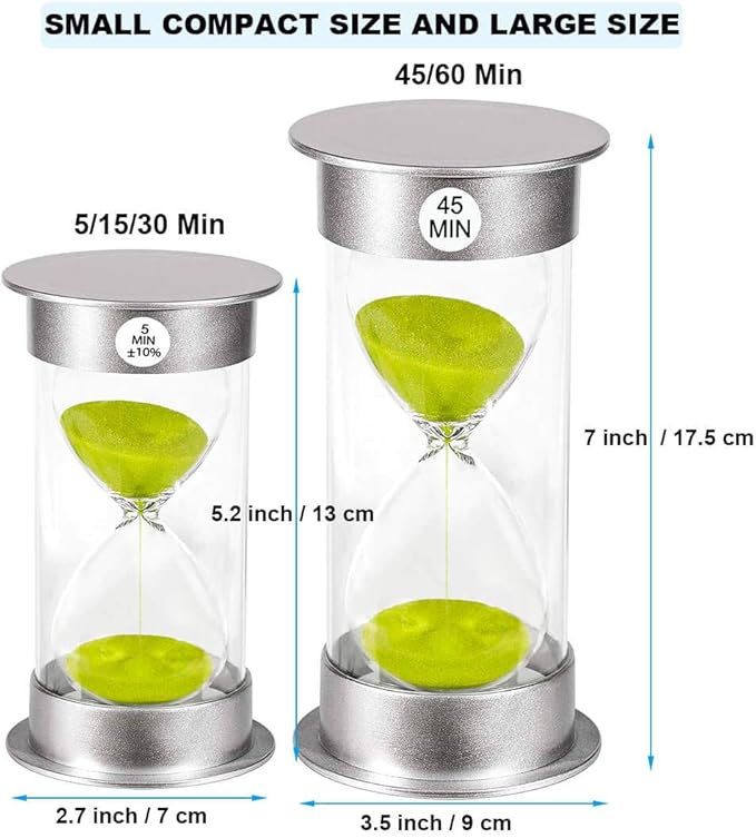Hourglass Sand Timer 45 Min, Plastic Clock, Silver Watch - Glass Sandglass for Kids, Games, Classroom, Kitchen, Decoration (Green Sand)