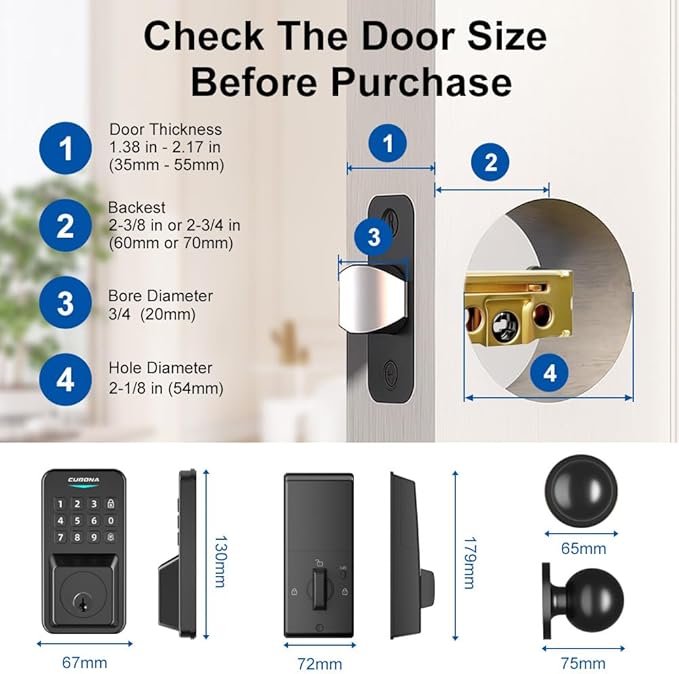 Keyless Entry Door Lock with 2 Door Knobs & Electronic Backlit Keypad, App Control Deadbolt Lock Support One-Touch Locking & Auto Locking,Easy Install, Anti-Peeping Code (01-Black)