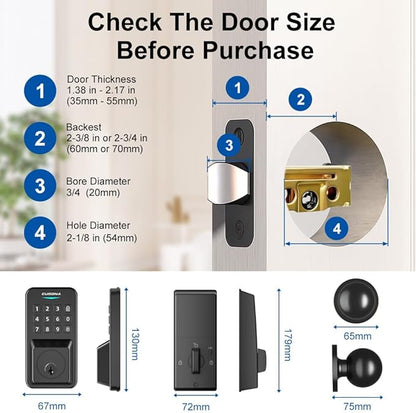 Keyless Entry Door Lock with 2 Door Knobs & Electronic Backlit Keypad, App Control Deadbolt Lock Support One-Touch Locking & Auto Locking,Easy Install, Anti-Peeping Code (01-Black)