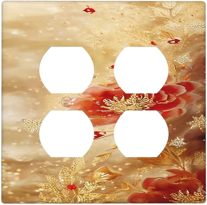 Decorative Outlet Covers Golden Leaf Red Peony Flowers Floral 2 Gang Wall Plate Cover Double Duplex Receptacle Two Switch Light Switch Cover Plate Jumbo Dual Faceplate