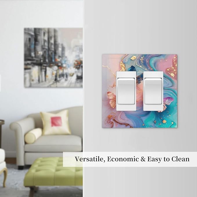 Colorful Marble Butterfly Gold Glitter Abstract Print Decorative Outlet Covers 2 Gang Double GFCI Rocker Electrical Wall Panels Light Switch Cover Plate for Bed Room Living Room Decor