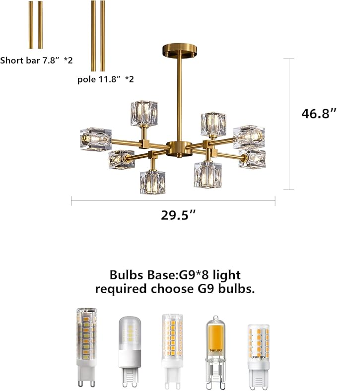 Sputnik Chandeliers for Dining Room Light Fixture, Modern Crystal Chandelier, 8-Lights Gold Semi Flush Mount Ceiling Light for Living Room Bedroom, Dining Room,Kitchen Island