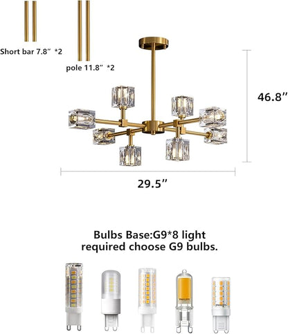 Sputnik Chandeliers for Dining Room Light Fixture, Modern Crystal Chandelier, 8-Lights Gold Semi Flush Mount Ceiling Light for Living Room Bedroom, Dining Room,Kitchen Island